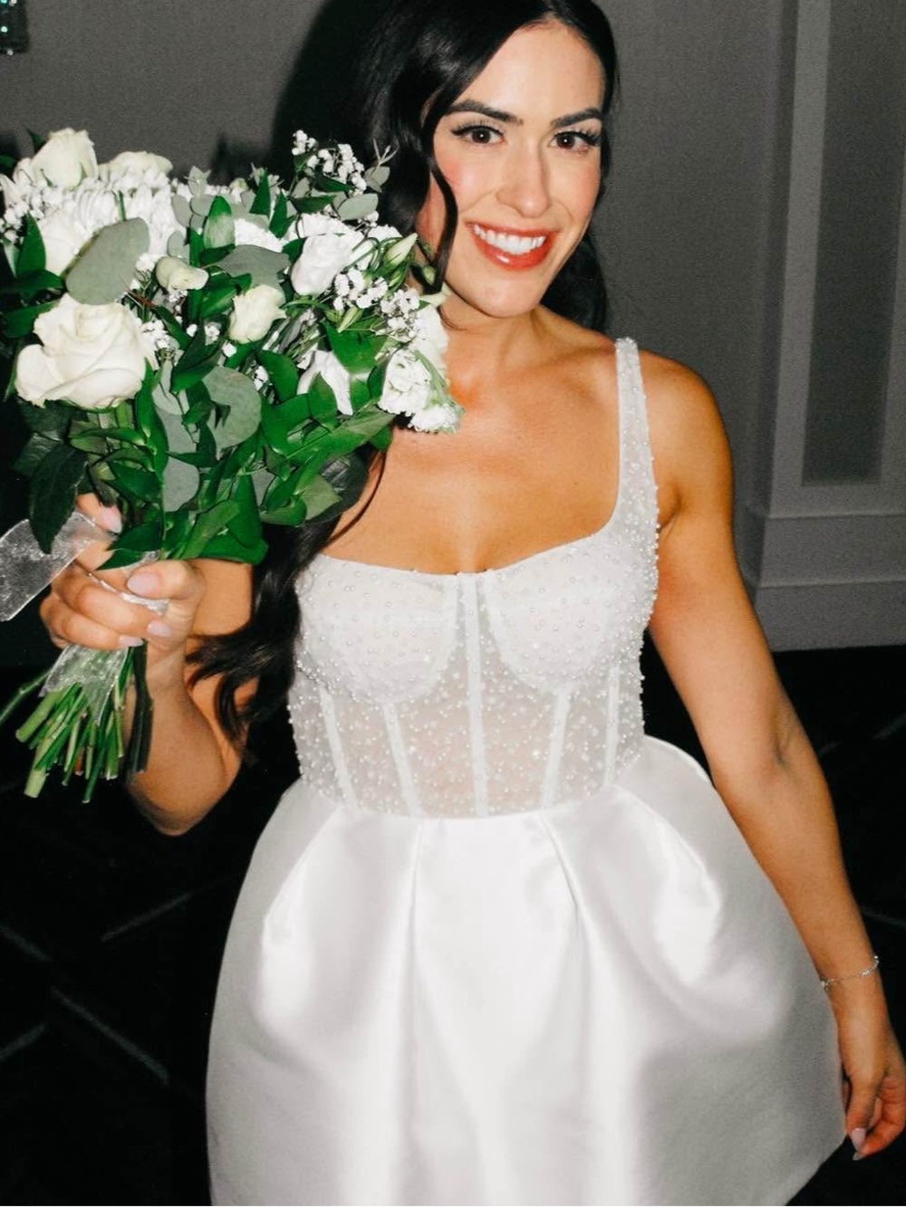 Stunning Ivory Beaded Bodice Satin Bubble mini length wedding dress!!